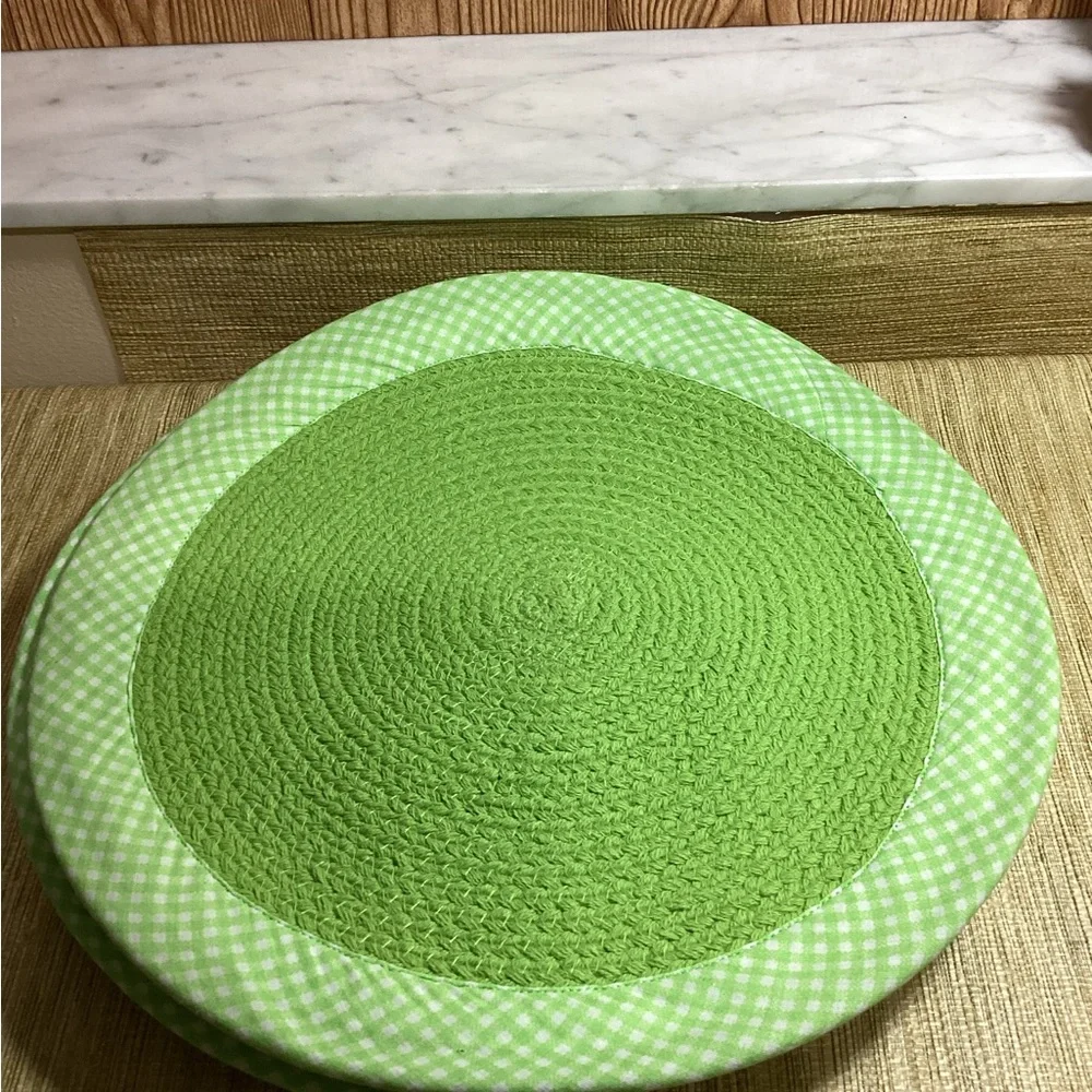New Green Woven Placemat with Gingham Trim 15” set of 8